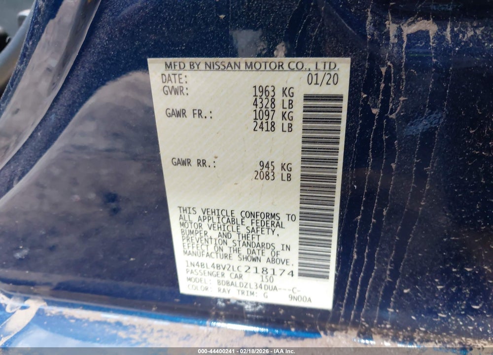 2020 NISSAN ALTIMA S FWD VIN: 1N4BL4BV2LC218174