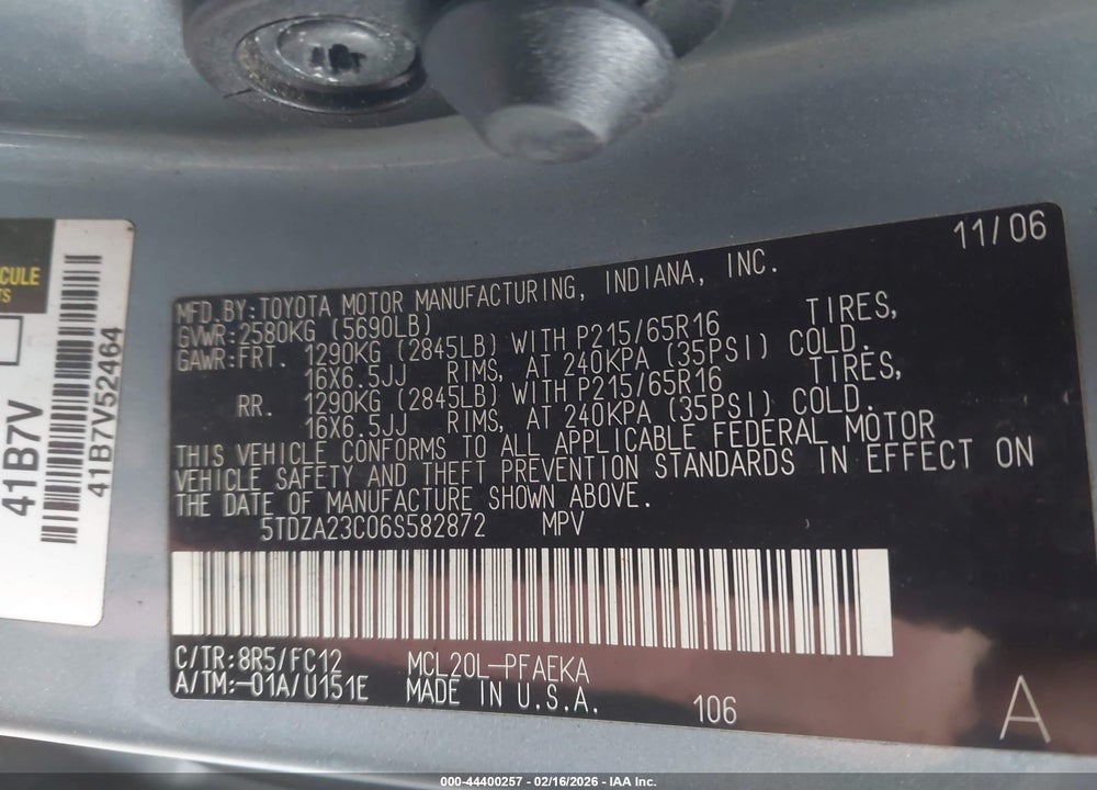 2006 TOYOTA SIENNA LE VIN: 5TDZA23C06S582872