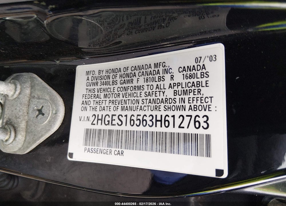 2003 HONDA CIVIC LX VIN: 2HGES16563H612763