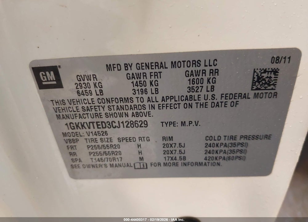2012 GMC ACADIA DENALI VIN: 1GKKVTED3CJ128629