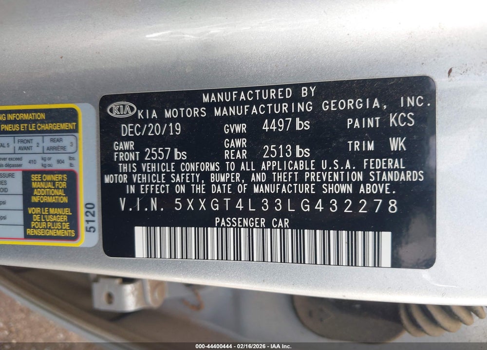 2020 KIA OPTIMA LX VIN: 5XXGT4L33LG432278