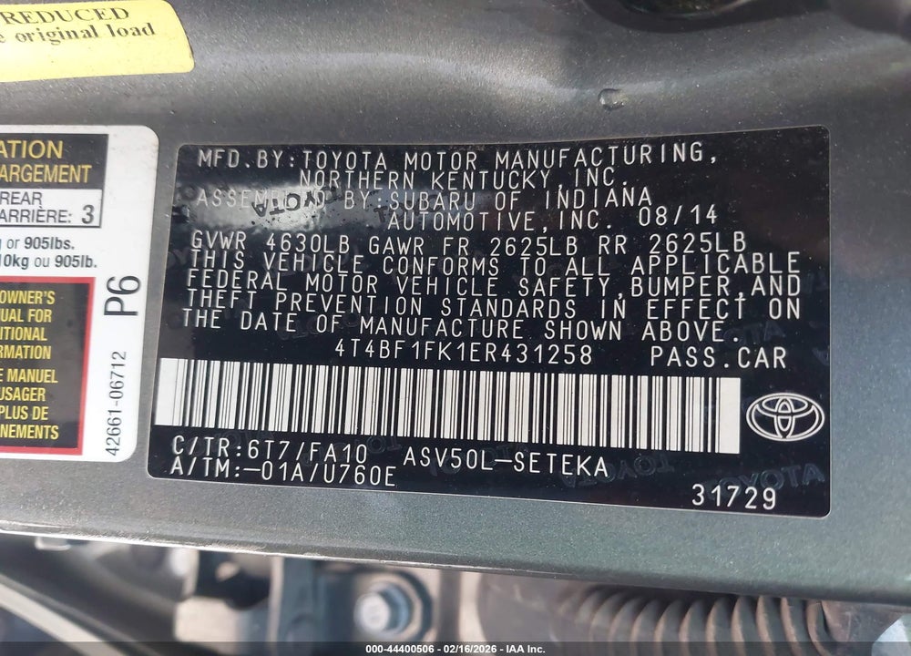2014 TOYOTA CAMRY L VIN: 4T4BF1FK1ER431258