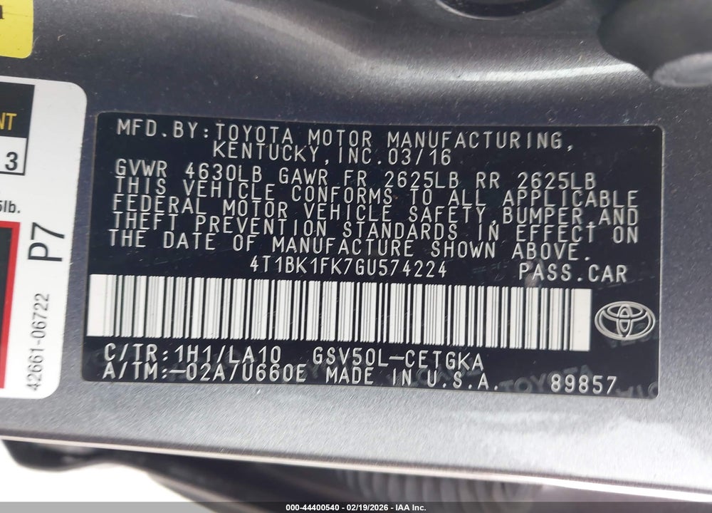 2016 TOYOTA CAMRY XLE V6 VIN: 4T1BK1FK7GU574224