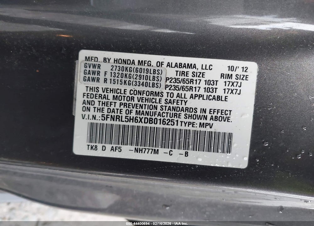 2013 HONDA ODYSSEY EX-L VIN: 5FNRL5H6XDB016251