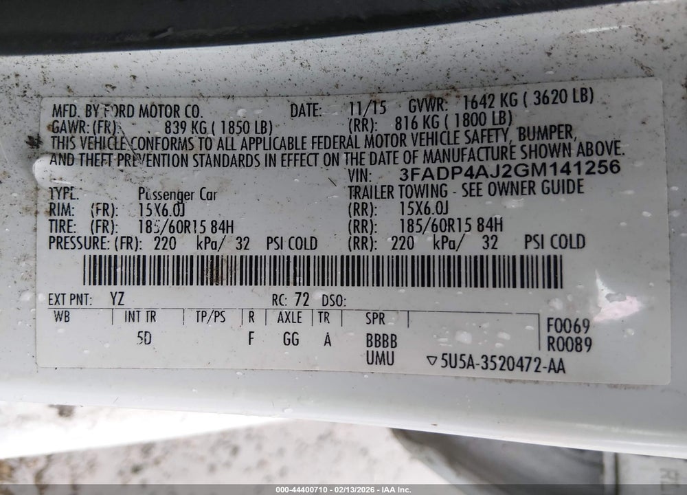 2016 FORD FIESTA S VIN: 3FADP4AJ2GM141256