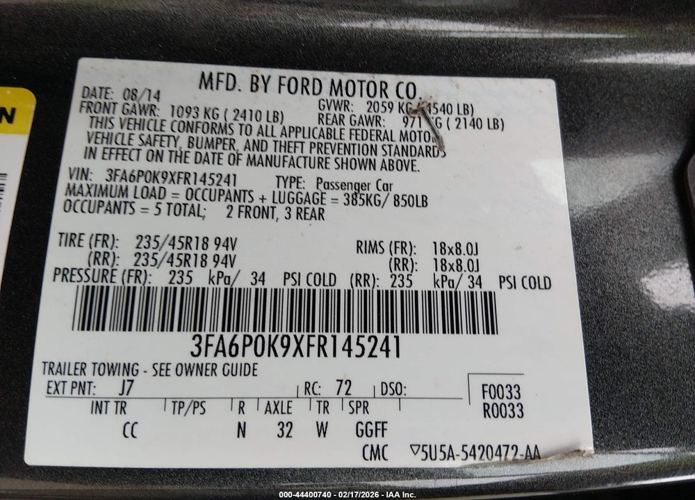 2015 FORD FUSION TITANIUM VIN: 3FA6P0K9XFR145241