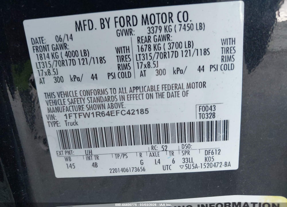 2014 FORD F-150 SVT RAPTOR VIN: 1FTFW1R64EFC42185