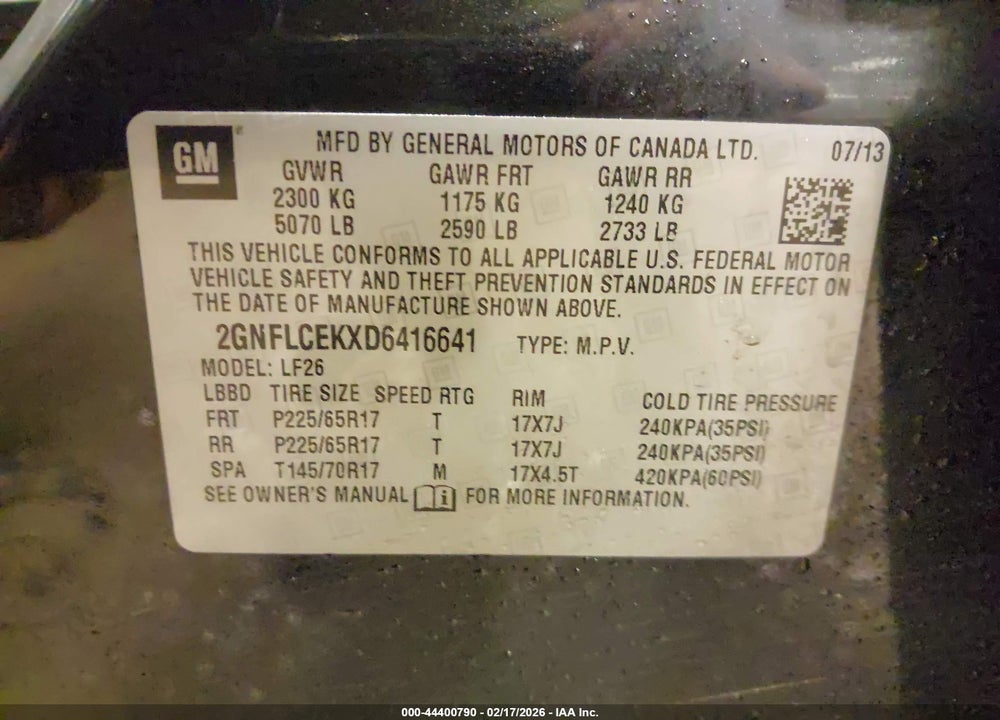 2013 CHEVROLET EQUINOX LS VIN: 2GNFLCEKXD6416641