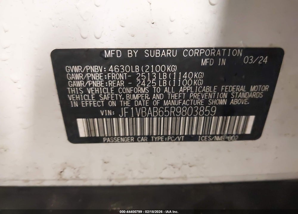 2024 SUBARU WRX VIN: JF1VBAB65R9803859