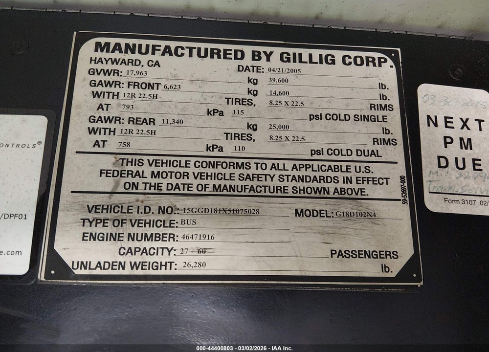 2005 GILLIG TRANSIT BUS LOW VIN: 15GGD181X51075028