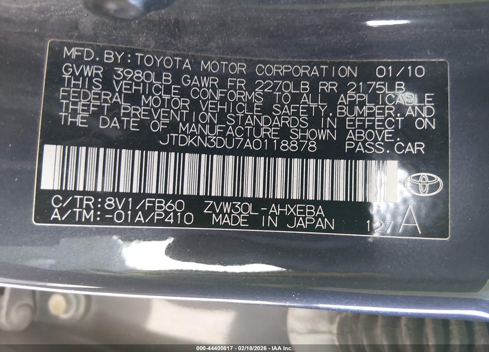 2010 TOYOTA PRIUS II VIN: JTDKN3DU7A0118878