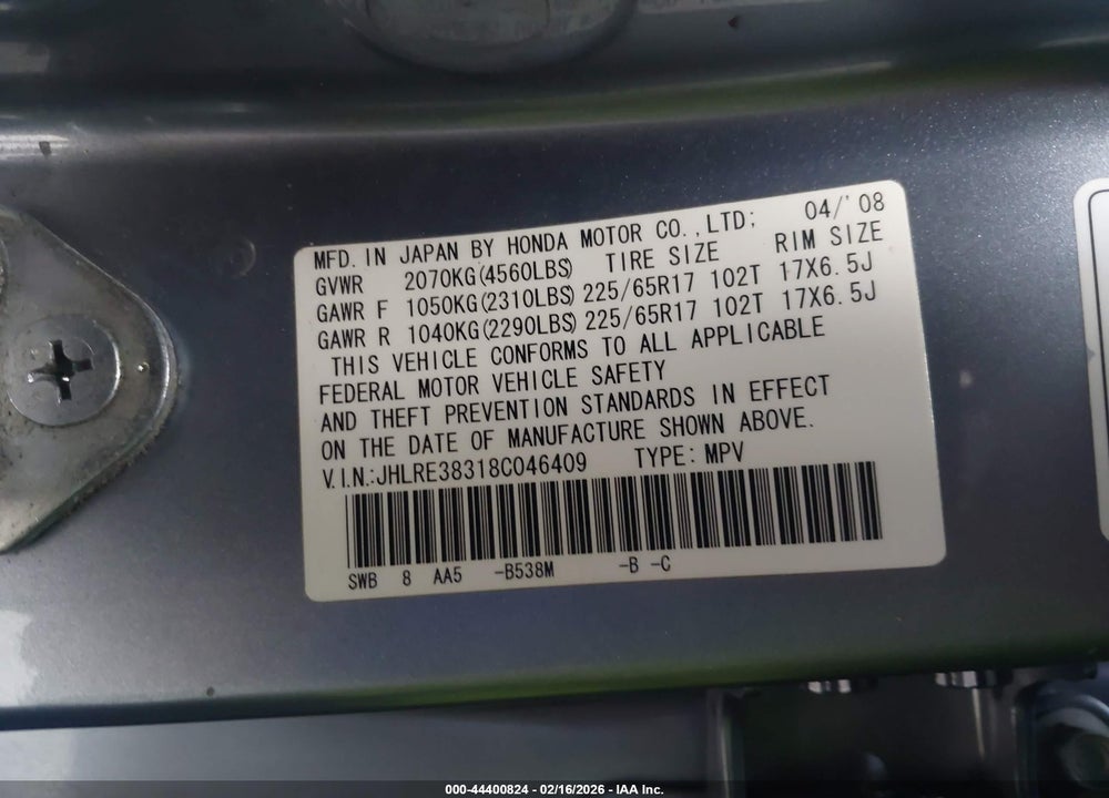 2008 HONDA CR-V LX VIN: JHLRE38318C046409