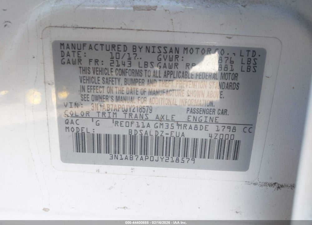 2018 NISSAN SENTRA SV VIN: 3N1AB7AP0JY218579