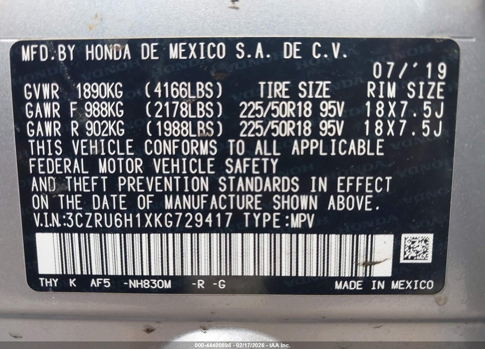 2019 HONDA HR-V SPORT VIN: 3CZRU6H1XKG729417