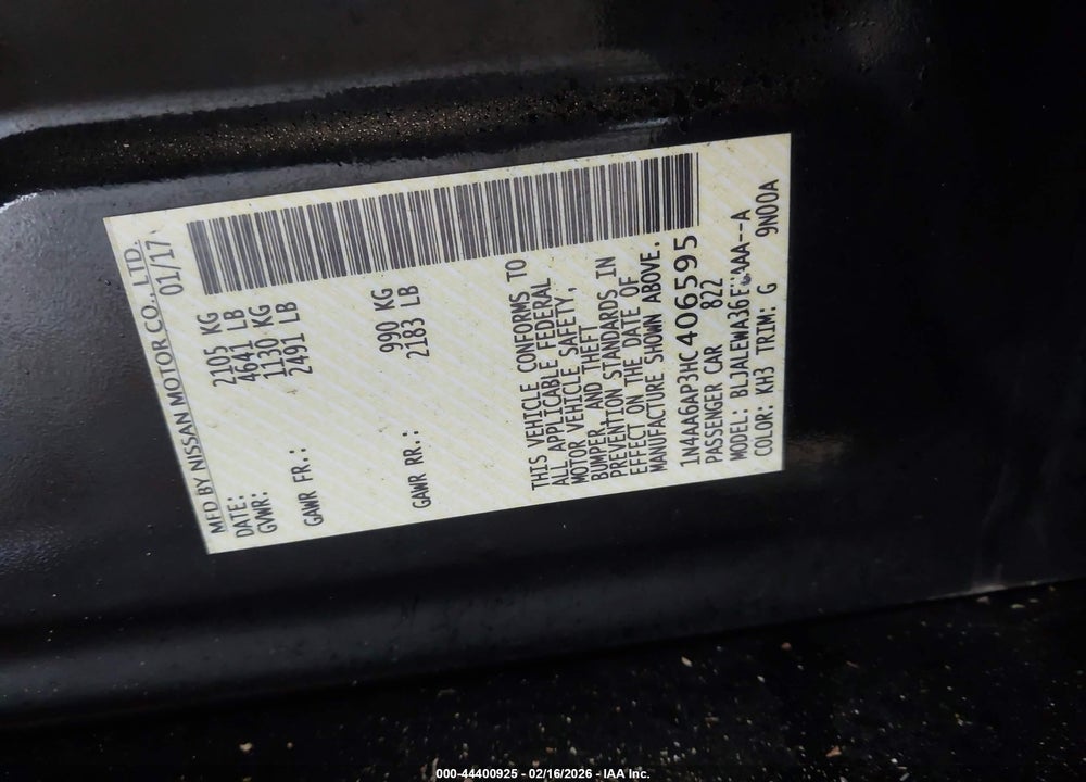 2017 NISSAN MAXIMA 3.5 SL VIN: 1N4AA6AP3HC406595
