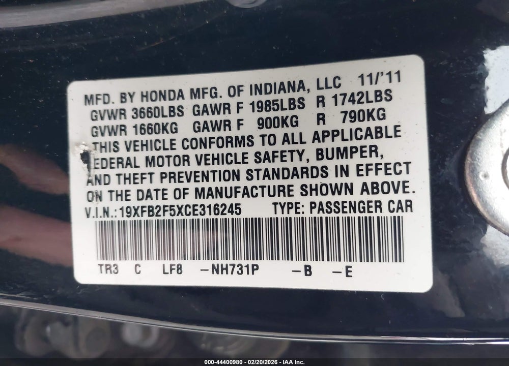 2012 HONDA CIVIC LX VIN: 19XFB2F5XCE316245