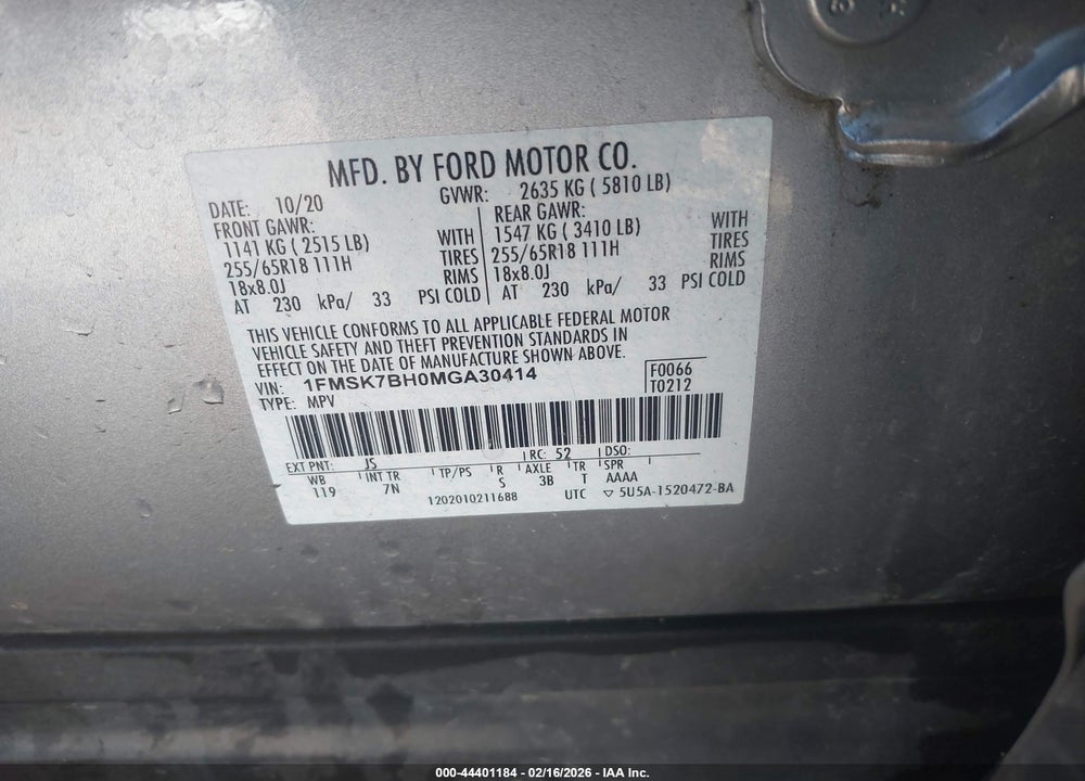 2021 FORD EXPLORER VIN: 1FMSK7BH0MGA30414