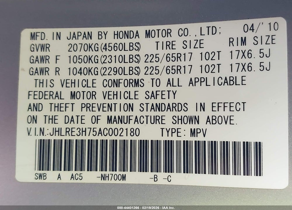 2010 HONDA CR-V EX-L VIN: JHLRE3H75AC002180