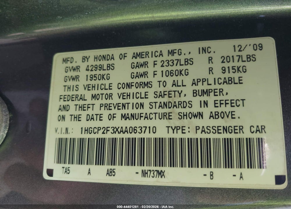 2010 HONDA ACCORD 2.4 LX VIN: 1HGCP2F3XAA063710