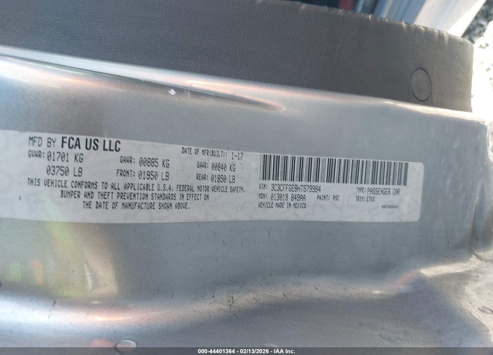 2017 FIAT 500E BATTERY ELECTRIC VIN: 3C3CFFGE8HT579984