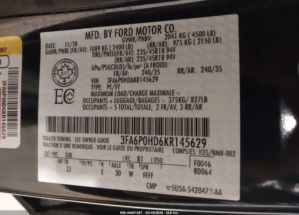 2019 FORD FUSION SE VIN: 3FA6P0HD6KR145629