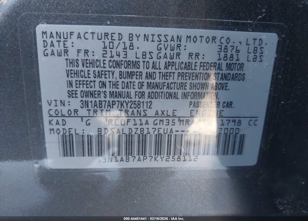 2019 NISSAN SENTRA SV VIN: 3N1AB7AP7KY258112