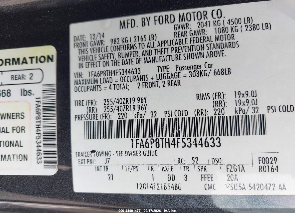 2015 FORD MUSTANG ECOBOOST VIN: 1FA6P8TH4F5344633