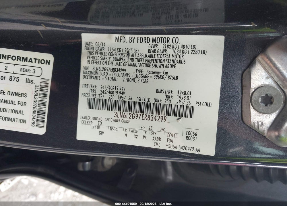 2014 LINCOLN MKZ VIN: 3LN6L2G97ER834299