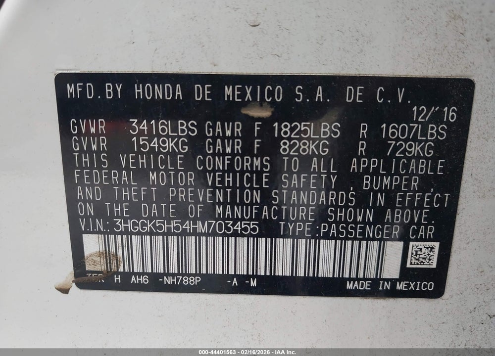 2017 HONDA FIT LX VIN: 3HGGK5H54HM703455
