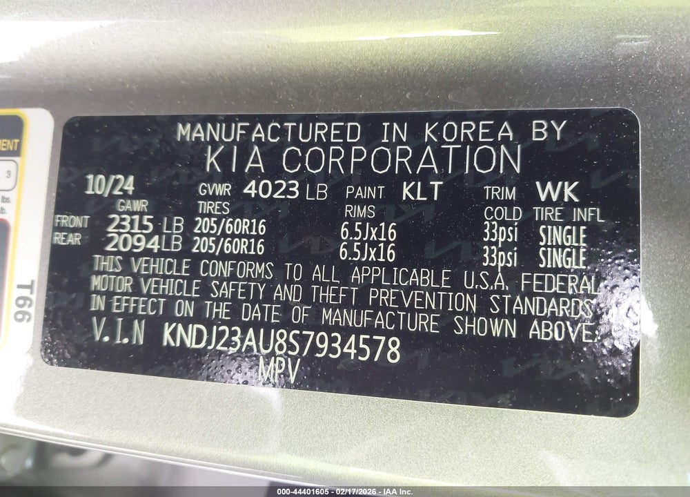 2025 KIA SOUL S VIN: KNDJ23AU8S7934578