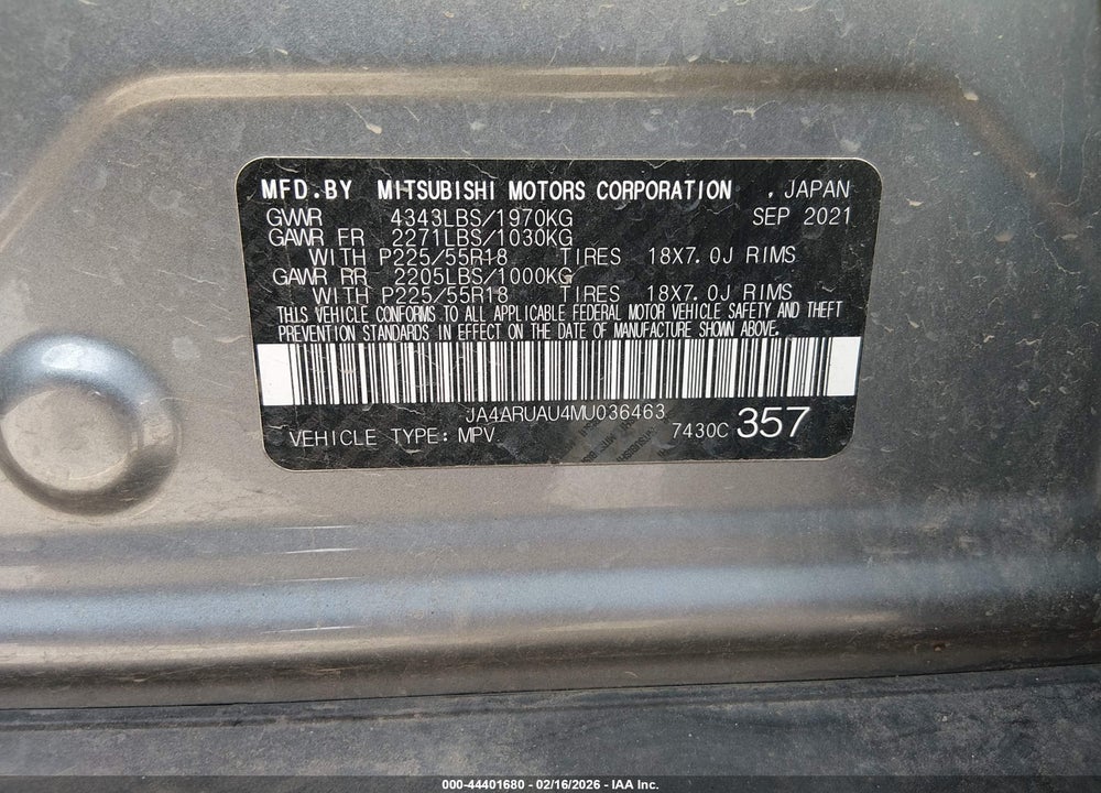 2021 MITSUBISHI OUTLANDER SPORT 2.0 BE AWC/2.0 ES AWC/2.0 LE AWC/2.0 SE AWC VIN: JA4ARUAU4MU036463