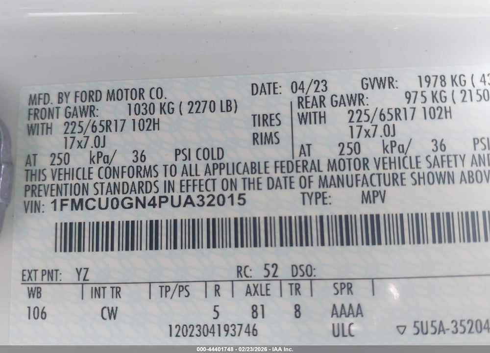 2023 FORD ESCAPE ACTIVE VIN: 1FMCU0GN4PUA32015