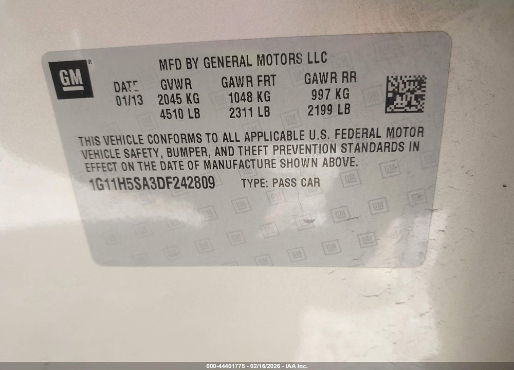 2013 CHEVROLET MALIBU 1LZ VIN: 1G11H5SA3DF242809