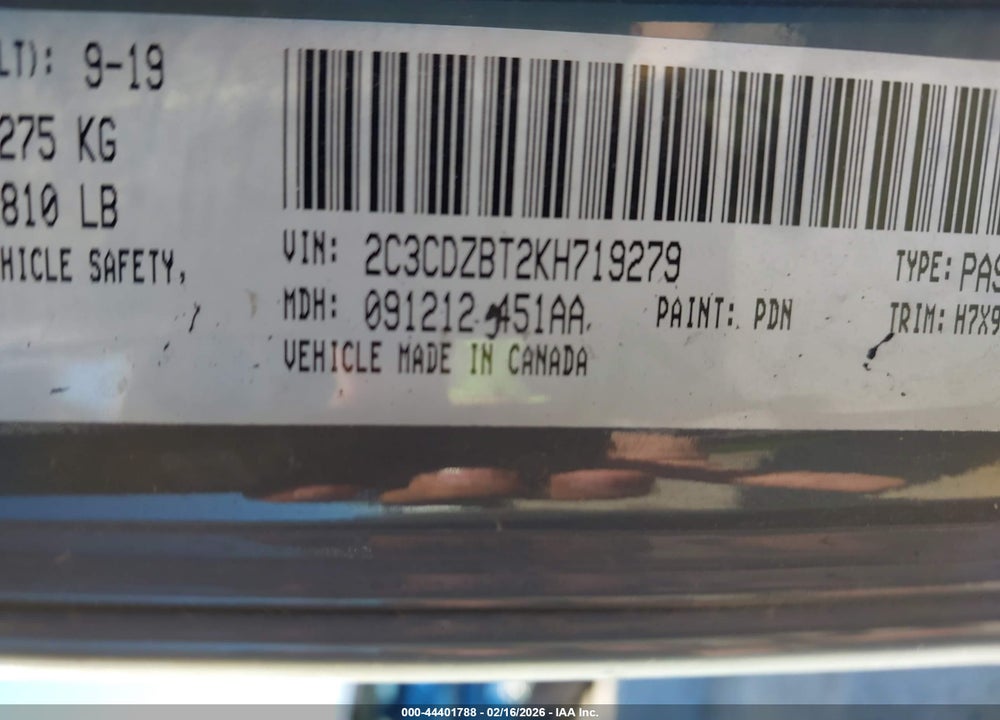 2019 DODGE CHALLENGER R/T VIN: 2C3CDZBT2KH719279