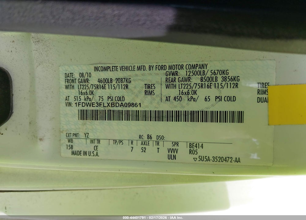 2011 FORD E-350 CUTAWAY VIN: 1FDWE3FLXBDA09861