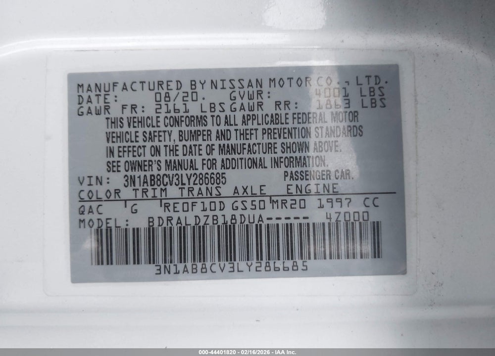 2020 NISSAN SENTRA SV XTRONIC CVT VIN: 3N1AB8CV3LY286685