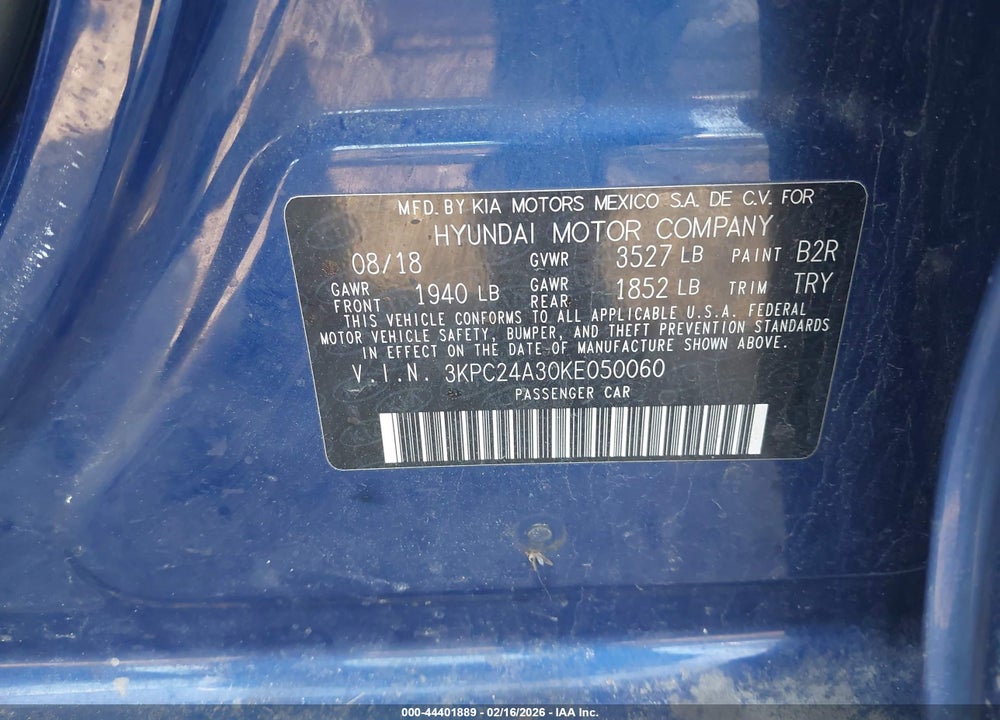 2019 HYUNDAI ACCENT SE VIN: 3KPC24A30KE050060