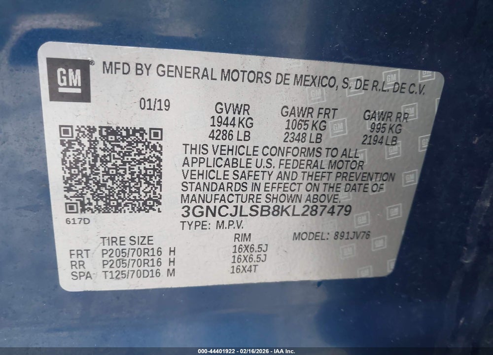2019 CHEVROLET TRAX LT VIN: 3GNCJLSB8KL287479