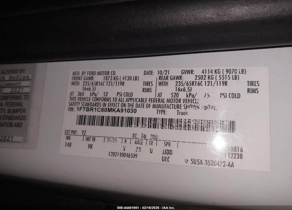 2021 FORD TRANSIT-250 VIN: 1FTBR1C80MKA91030