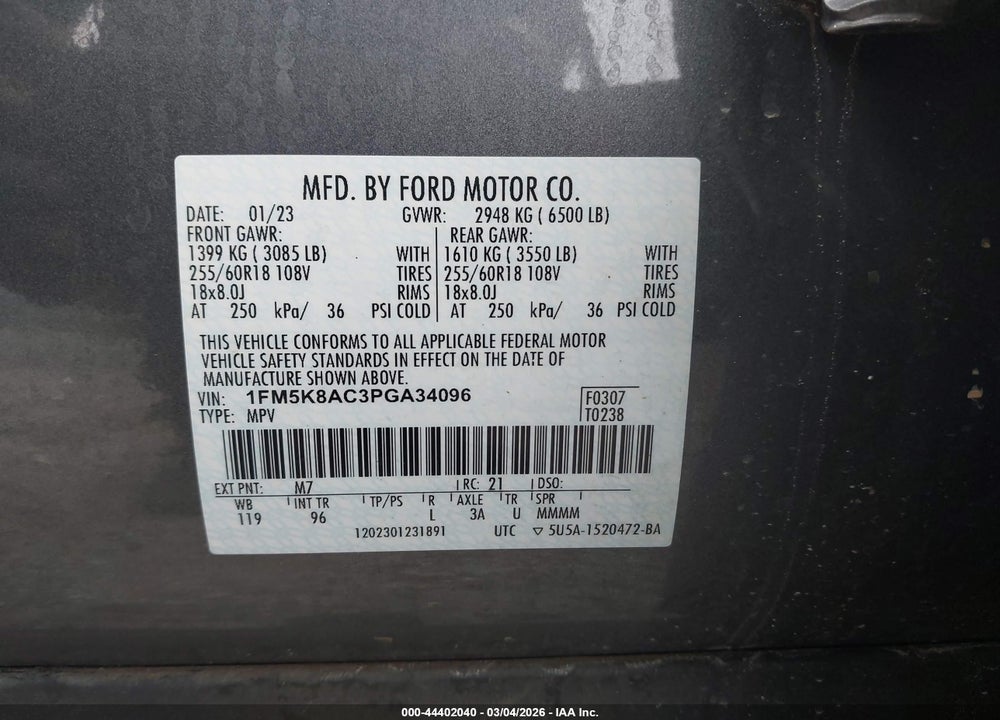 2023 FORD POLICE INTERCEPTOR UTILITY VIN: 1FM5K8AC3PGA34096