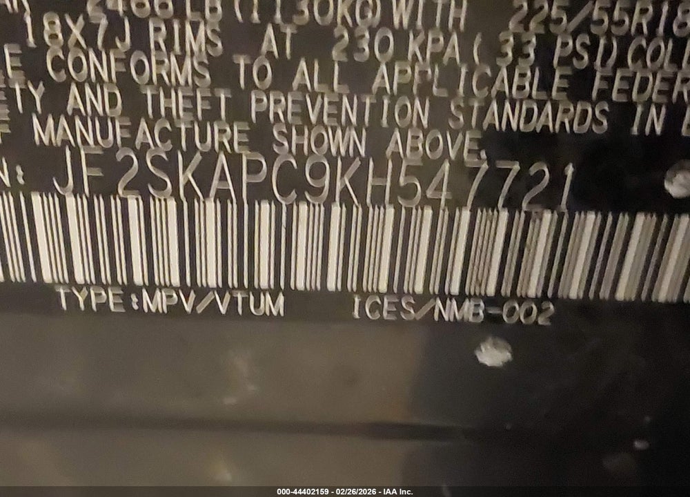 2019 SUBARU FORESTER SPORT VIN: JF2SKAPC9KH547721
