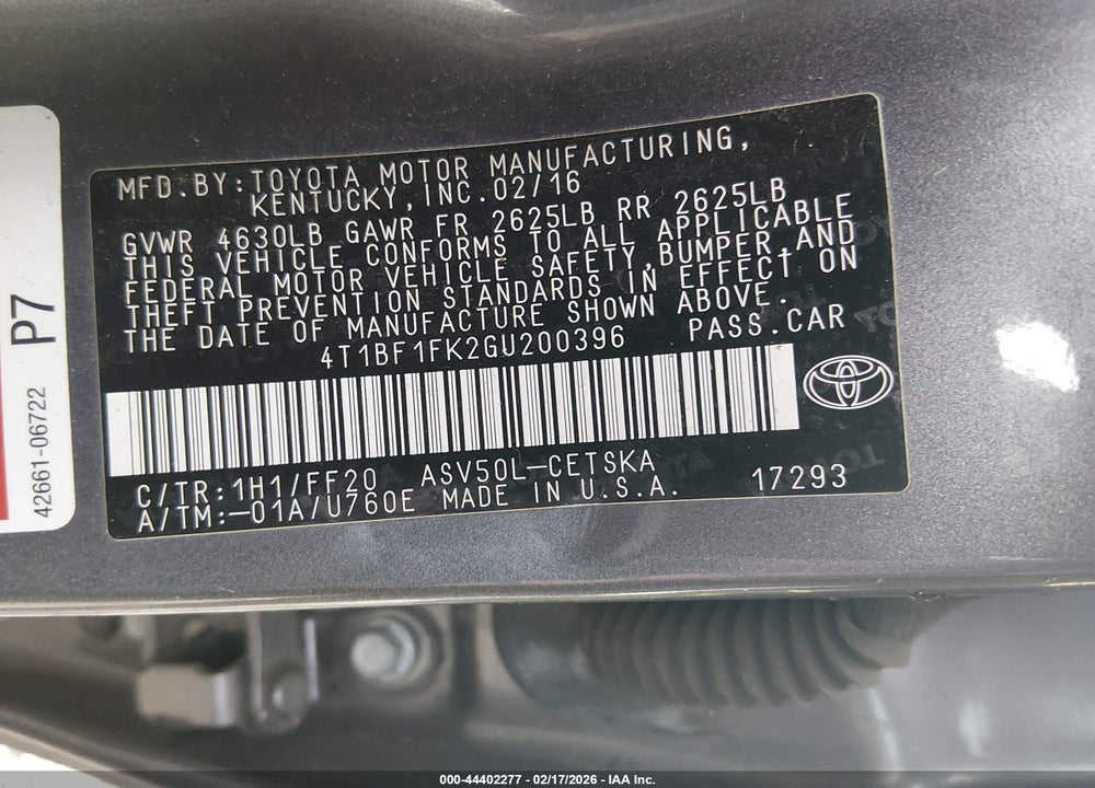 2016 TOYOTA CAMRY SE VIN: 4T1BF1FK2GU200396
