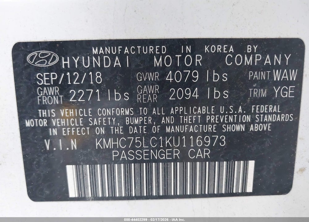 2019 HYUNDAI IONIQ HYBRID SEL VIN: KMHC75LC1KU116973