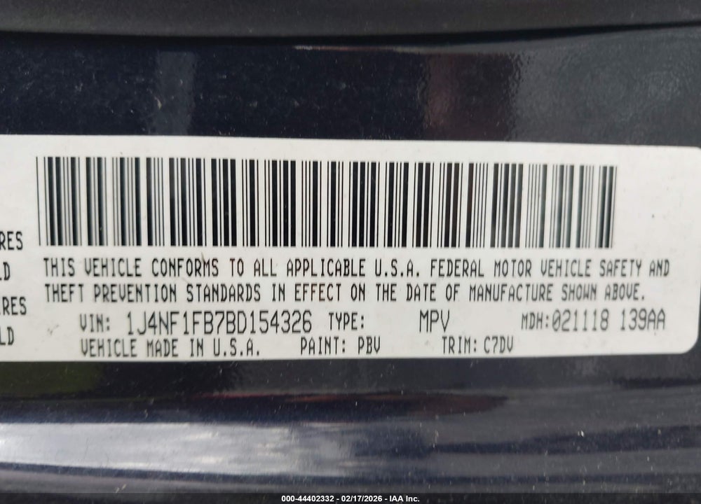 2011 JEEP COMPASS VIN: 1J4NF1FB7BD154326