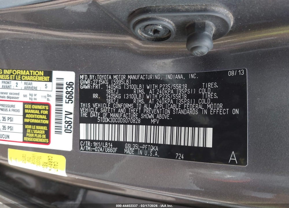 2013 TOYOTA SIENNA XLE 7 PASSENGER VIN: 5TDDK3DC0DS070828