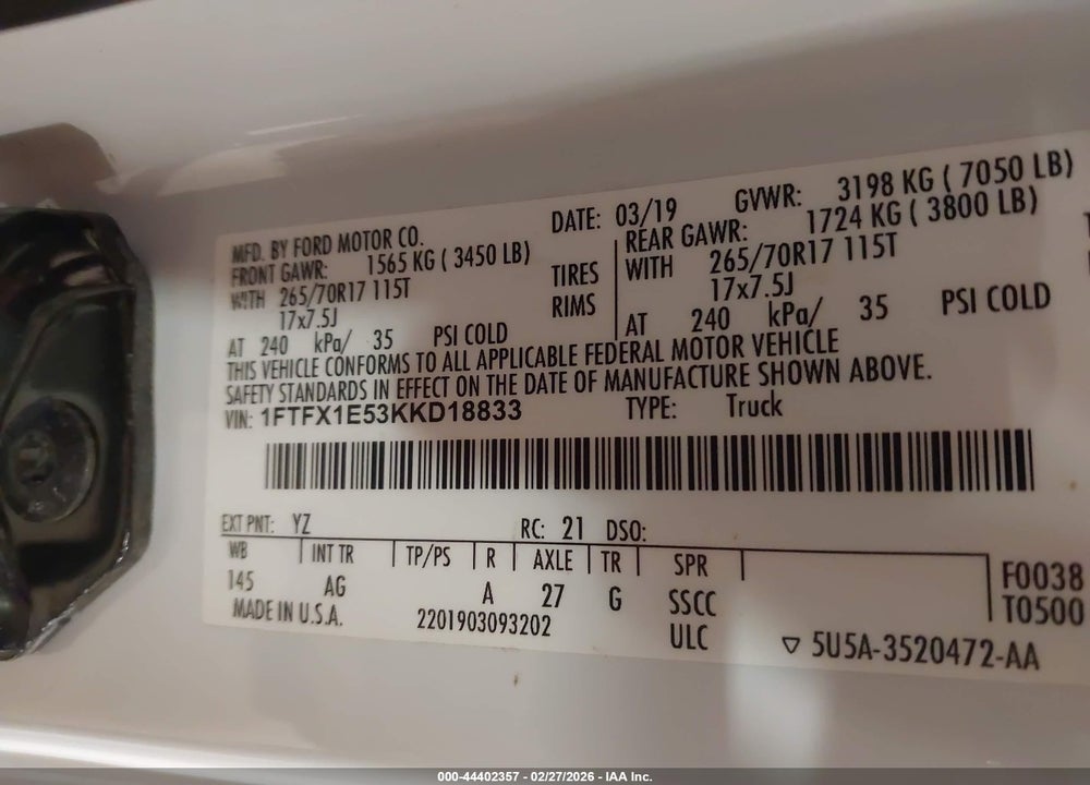 2019 FORD F-150 XL VIN: 1FTFX1E53KKD18833