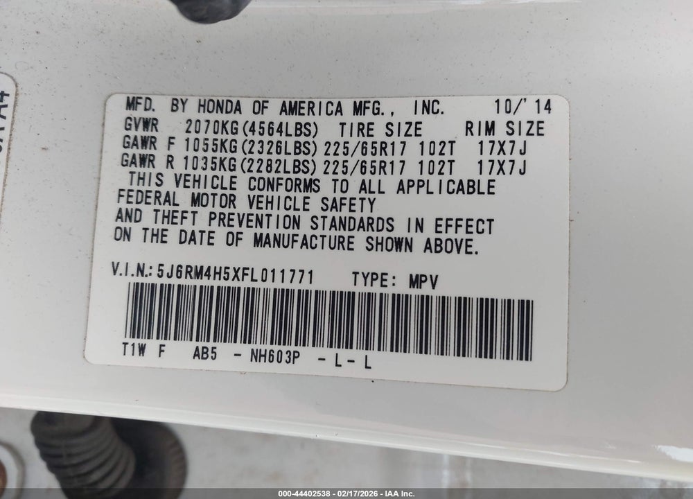 2015 HONDA CR-V EX VIN: 5J6RM4H5XFL011771
