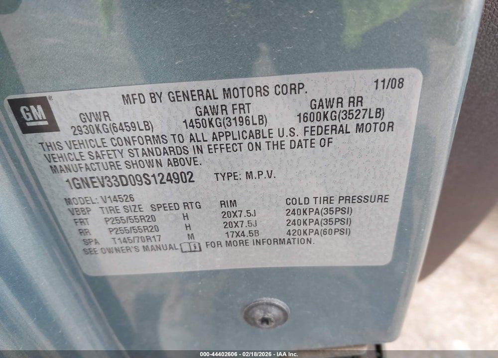 2009 CHEVROLET TRAVERSE LTZ VIN: 1GNEV33D09S124902