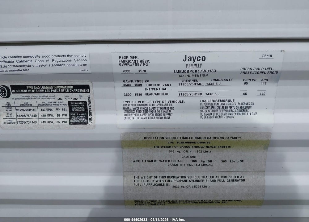 2019 JAYCO JAY FLIGHT SLX M-267 VIN: 1UJBJ0BP0K17W0183