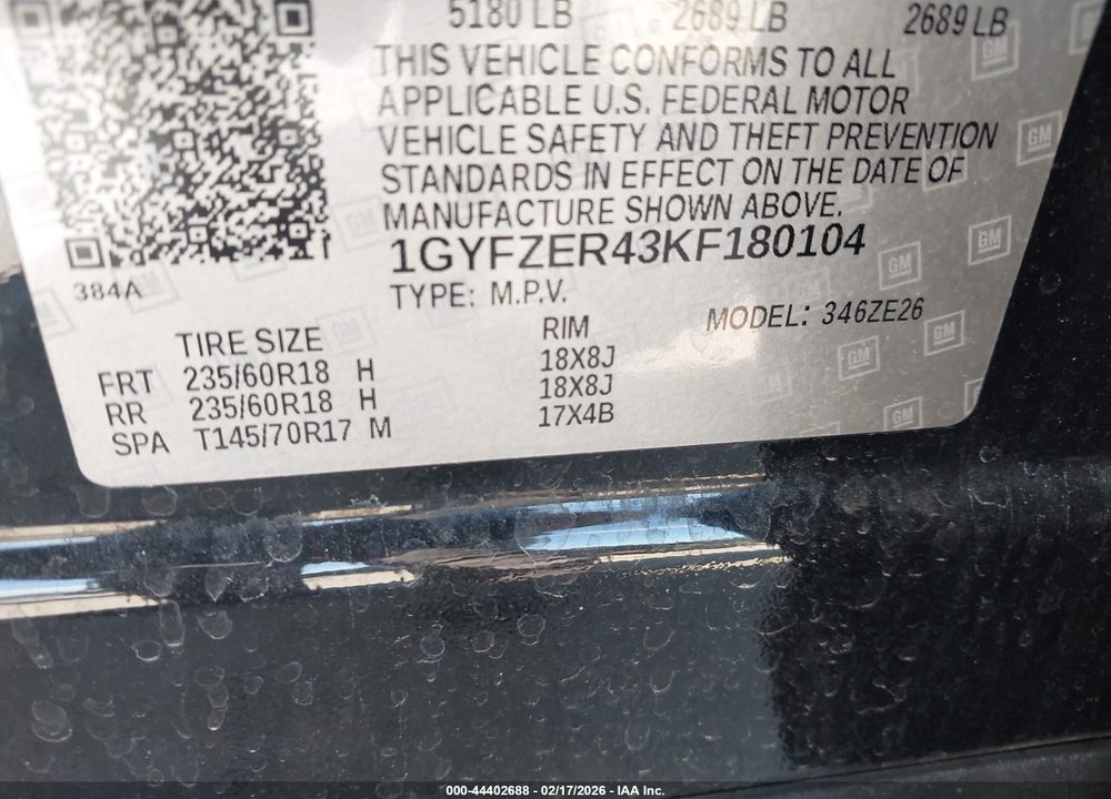 2019 CADILLAC XT4 SPORT VIN: 1GYFZER43KF180104
